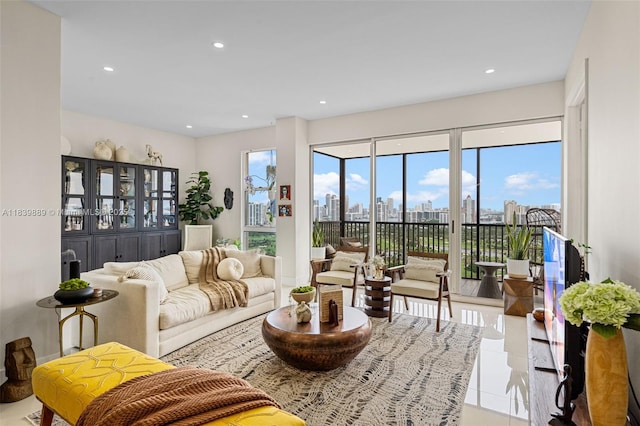 20379 W Country Club Dr Unit Ph38, Aventura, FL 33180 - tiled living room featuring recessed lighting and a skyline view