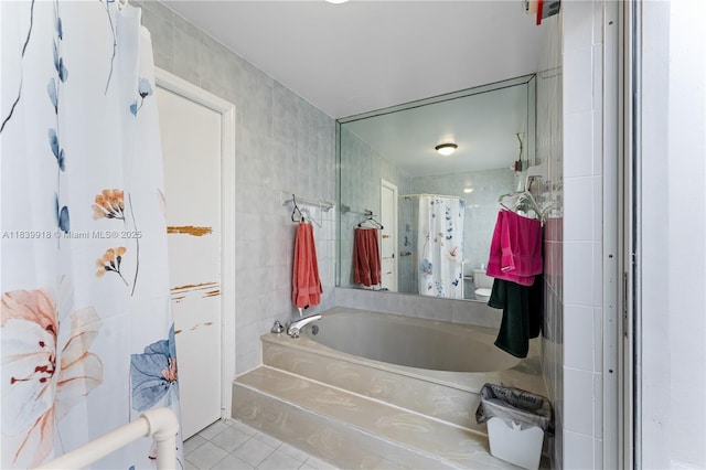 14213 SW 100th Ln, Miami, FL 33186 - full bath with tile patterned flooring, a bath, tile walls, and a shower with shower curtain