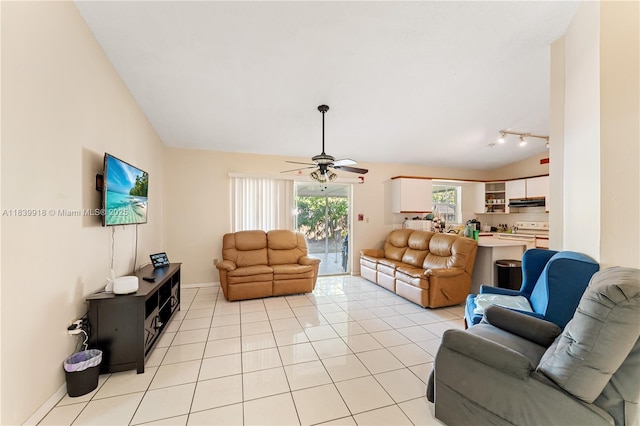14213 SW 100th Ln, Miami, FL 33186 - living room with a ceiling fan, light tile patterned floors, lofted ceiling, and track lighting