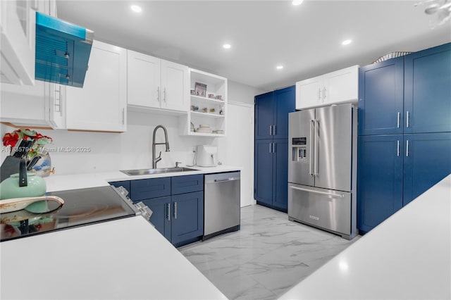 1340 NW 128th St, North Miami, FL 33167 - kitchen with appliances with stainless steel finishes, light marble finish floors, open shelves, blue cabinets, and recessed lighting