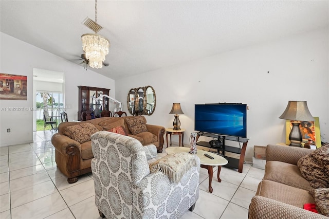 3120 NW 203rd Ter, Miami Gardens, FL 33056 - living room featuring a chandelier, vaulted ceiling, and light tile patterned floors