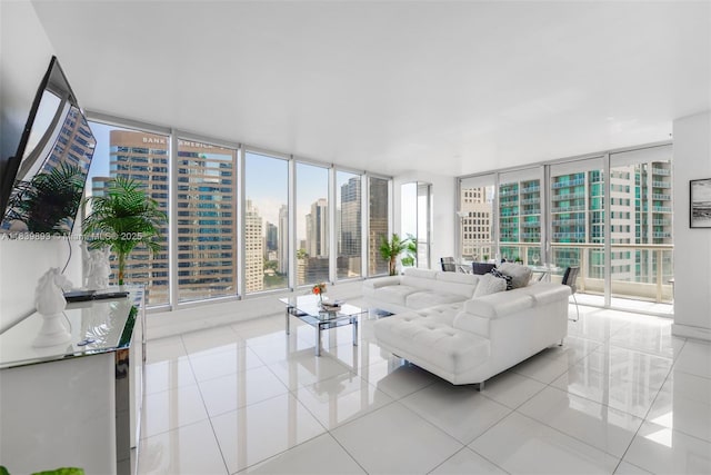 485 Brickell Ave Unit 2908, Miami, FL 33131 - living room with light tile patterned flooring, a wall of windows, and a view of city