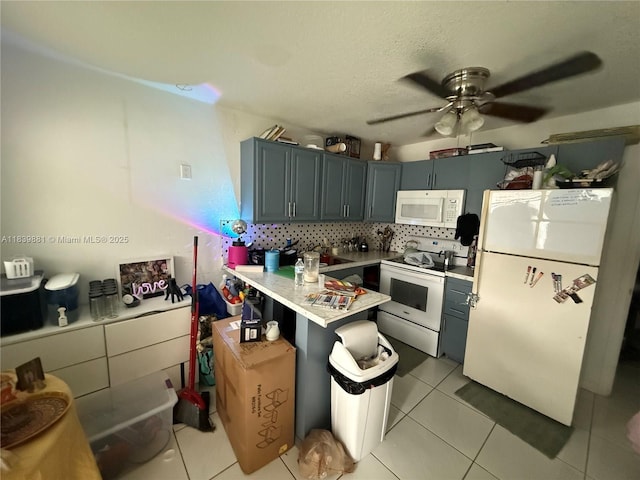 6550 SW 56th St, Davie, FL 33314 - kitchen with white appliances, a peninsula, ceiling fan, light countertops, and backsplash
