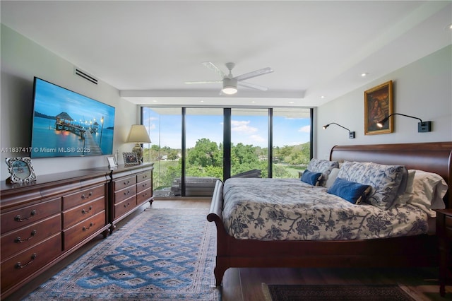 700 Coral Way Unit 4, Coral Gables, FL 33134 - bedroom featuring floor to ceiling windows, access to outside, ceiling fan, and wood finished floors