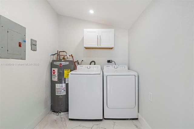 15900 NW 18th Ave, Miami Gardens, FL 33054 - washroom featuring electric water heater, electric panel, independent washer and dryer, light marble finish flooring, and cabinet space
