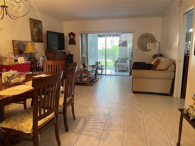 1015 Country Club Dr Unit 109, Margate, FL 33063 - dining room with crown molding, a chandelier, light tile patterned floors, and a textured ceiling