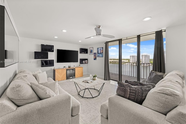 18181 NE 31st Ct Unit 1401, Aventura, FL 33160 - living area with beverage cooler, ceiling fan, recessed lighting, and expansive windows