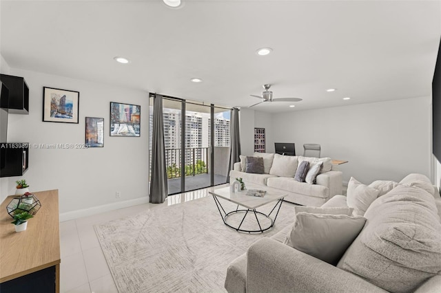 18181 NE 31st Ct Unit 1401, Aventura, FL 33160 - tiled living room with recessed lighting, a ceiling fan, and expansive windows