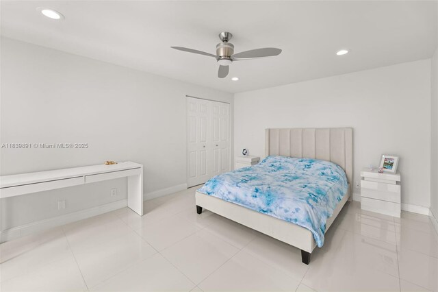 18181 NE 31st Ct Unit 1401, Aventura, FL 33160 - bedroom featuring recessed lighting, a closet, ceiling fan, and light tile patterned floors