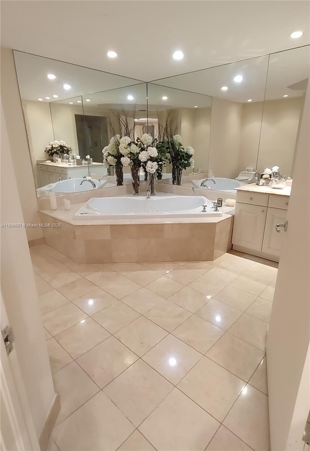 445 Grand Bay Dr Unit 601, Key Biscayne, FL 33149 - full bath featuring tile patterned flooring, vanity, a bath, and recessed lighting
