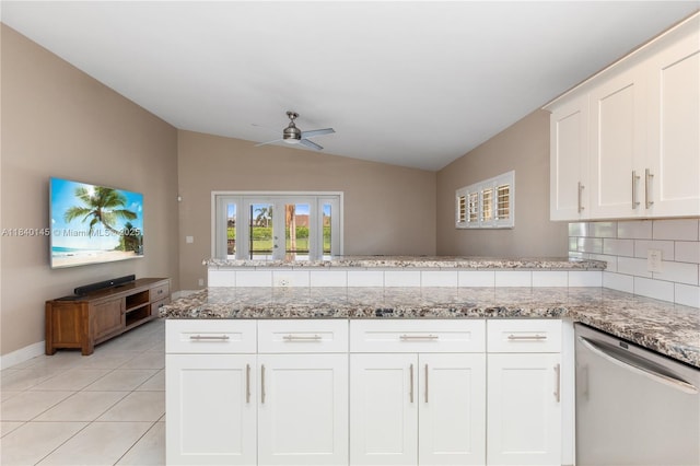 1710 SW 100th Ter, Davie, FL 33324 - kitchen featuring dishwasher, ceiling fan, vaulted ceiling, a peninsula, and white cabinetry