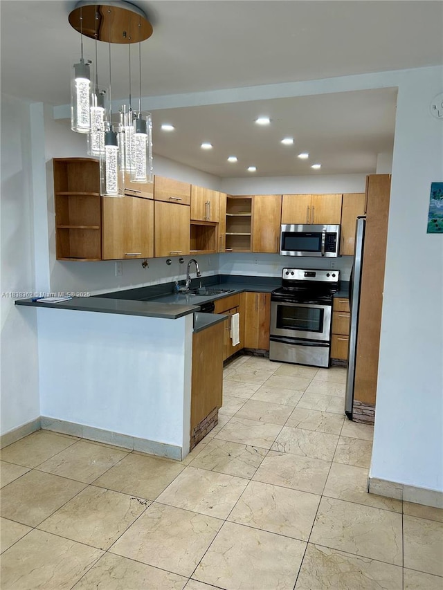 5401 Collins Ave Unit 514, Miami Beach, FL 33140 - kitchen featuring stainless steel appliances, open shelves, a peninsula, dark countertops, and recessed lighting