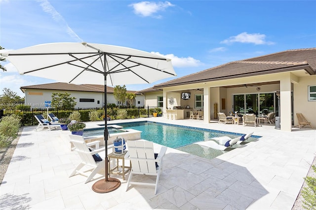 11971 Torreyanna, West Palm Beach, FL 33412 - view of pool featuring a ceiling fan, a pool with connected hot tub, outdoor dining space, and a patio area