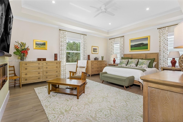 11971 Torreyanna, West Palm Beach, FL 33412 - bedroom with a raised ceiling, crown molding, wood finished floors, recessed lighting, and a ceiling fan