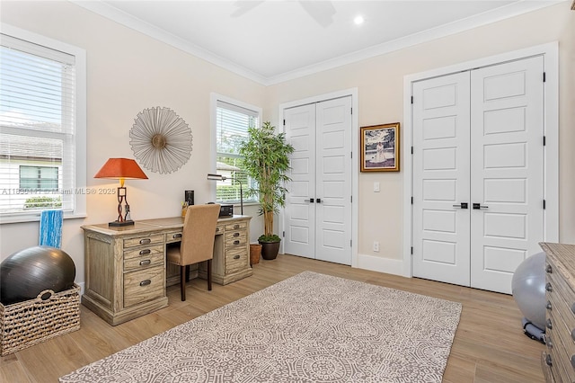 11971 Torreyanna, West Palm Beach, FL 33412 - office space with light wood-type flooring, a ceiling fan, and crown molding