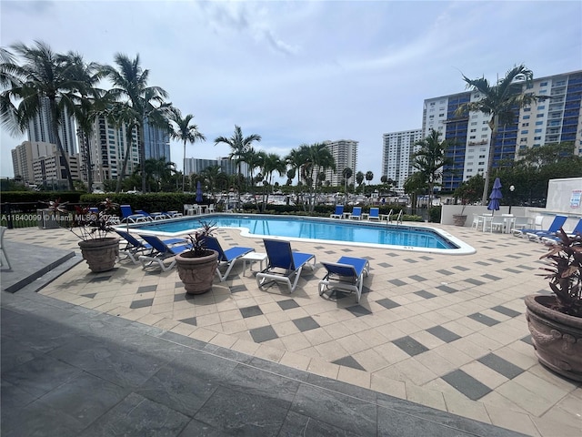 324 Poinciana Dr Unit 906, Sunny Isles Beach, FL 33160 - community pool featuring a patio area and a view of city