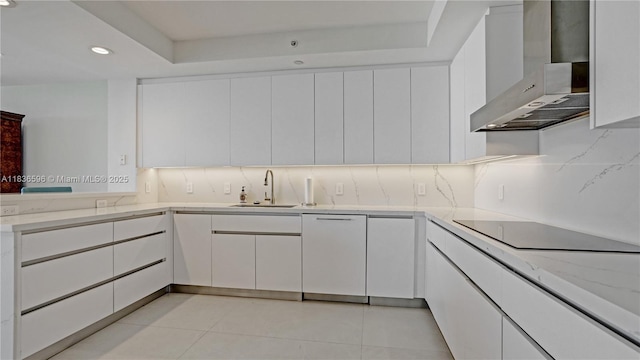 20201 E Country Club Dr Unit 1202, Aventura, FL 33180 - kitchen featuring wall chimney range hood, dishwasher, black electric stovetop, white cabinetry, and recessed lighting