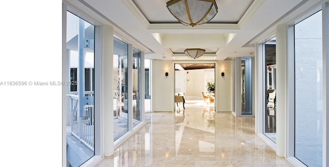 20201 E Country Club Dr Unit 1202, Aventura, FL 33180 - hall with ornamental molding, light marble finish flooring, and coffered ceiling