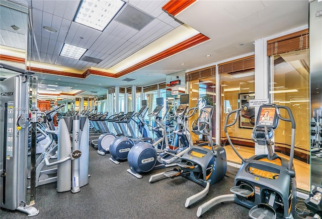 20201 E Country Club Dr Unit 1202, Aventura, FL 33180 - exercise room featuring a tray ceiling