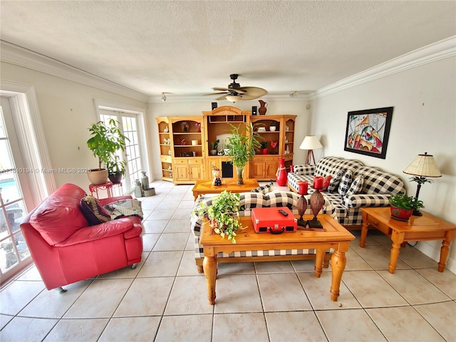 9057 SW 157th Path, Miami, FL 33196 - living area with crown molding, ceiling fan, light tile patterned flooring, and a textured ceiling