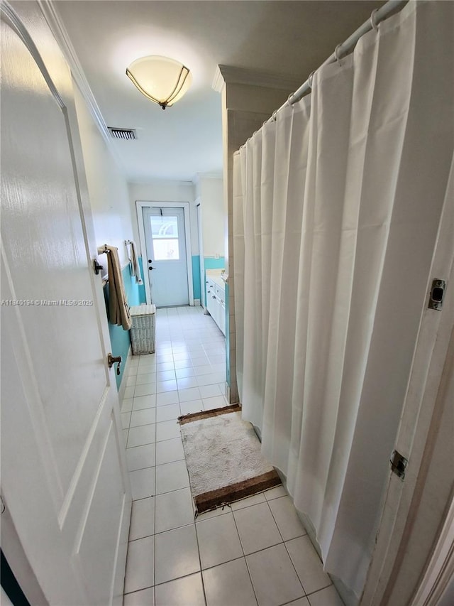 9057 SW 157th Path, Miami, FL 33196 - bathroom with tile patterned flooring, ornamental molding, and curtained shower