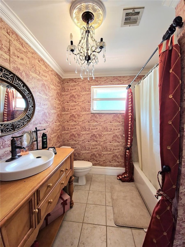 9057 SW 157th Path, Miami, FL 33196 - full bathroom with vanity, crown molding, shower / tub combo with curtain, a chandelier, and wallpapered walls