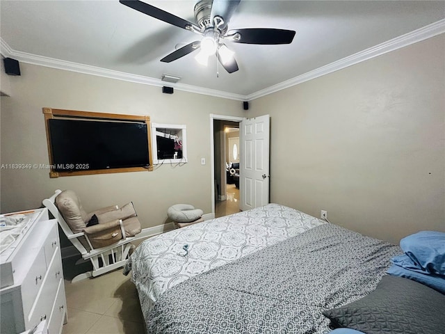 180 E 46th St, Hialeah, FL 33013 - bedroom with ornamental molding, a ceiling fan, and light tile patterned floors