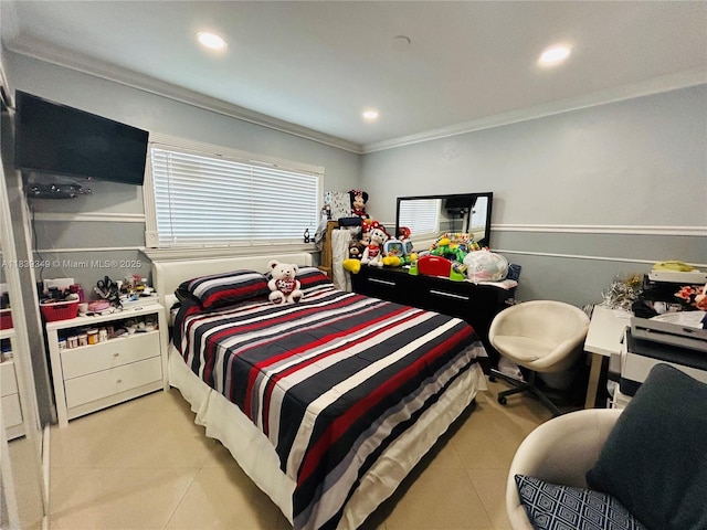 180 E 46th St, Hialeah, FL 33013 - bedroom with crown molding, tile patterned flooring, and recessed lighting