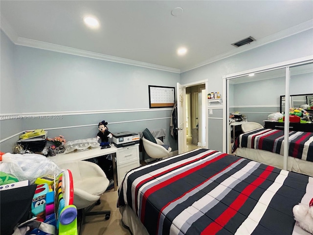 180 E 46th St, Hialeah, FL 33013 - bedroom featuring crown molding, a closet, and carpet