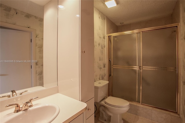 1800 NE 114th St Unit Ph06, Miami, FL 33181 - full bathroom featuring vanity, wallpapered walls, a textured ceiling, a shower stall, and tile patterned flooring