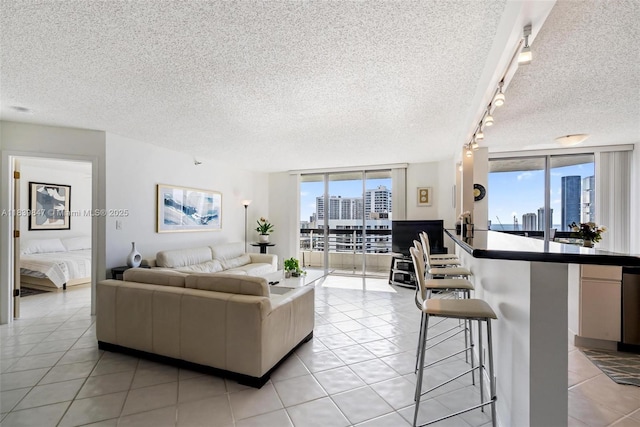 3530 Mystic Pointe Dr Unit 2014, Aventura, FL 33180 - living room with light tile patterned floors, a textured ceiling, and rail lighting