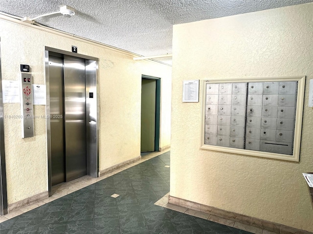 6911 SW 147th Ave Unit 3C, Miami, FL 33193 - corridor featuring elevator, mail area, a textured wall, a textured ceiling, and tile patterned floors