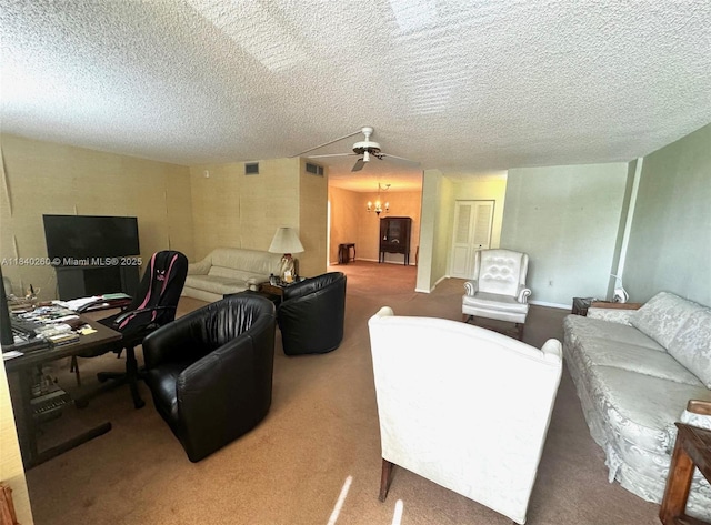 6911 SW 147th Ave Unit 3C, Miami, FL 33193 - living room with a desk, carpet flooring, a chandelier, and a textured ceiling