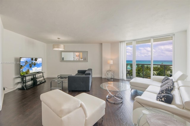 3801 S Ocean Dr Unit 5L, Hollywood, FL 33019 - living area featuring a wall of windows, dark wood-style floors, and a water view