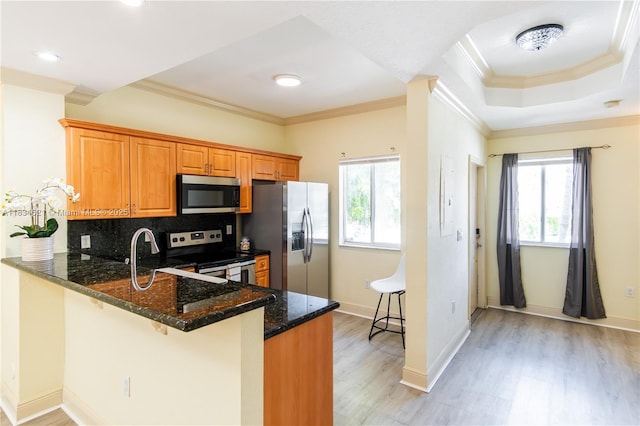 11647 NE 18th Dr Unit 11647, North Miami, FL 33181 - kitchen with appliances with stainless steel finishes, ornamental molding, healthy amount of natural light, dark stone counters, and light wood-style flooring