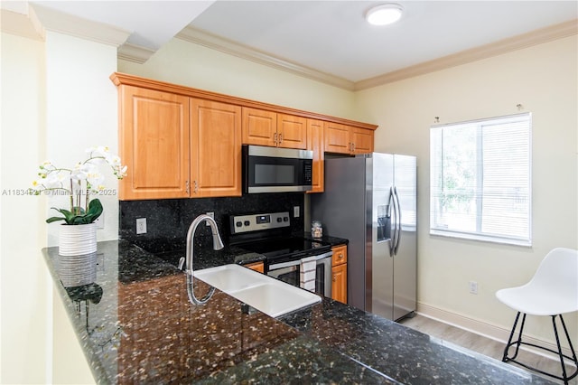 11647 NE 18th Dr Unit 11647, North Miami, FL 33181 - kitchen with stainless steel appliances, light wood-type flooring, tasteful backsplash, ornamental molding, and dark stone counters