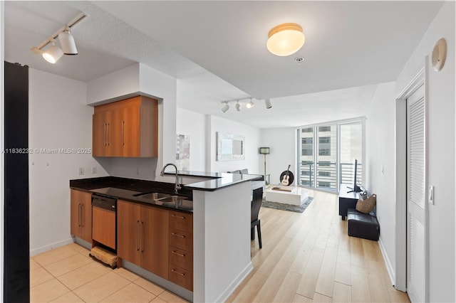 335 S Biscayne Blvd Unit 3410, Miami, FL 33131 - kitchen with rail lighting, brown cabinets, a peninsula, dishwasher, and dark countertops