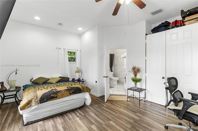 649 Willow Bend Rd, Weston, FL 33327 - bedroom with wood finished floors, recessed lighting, connected bathroom, and a ceiling fan