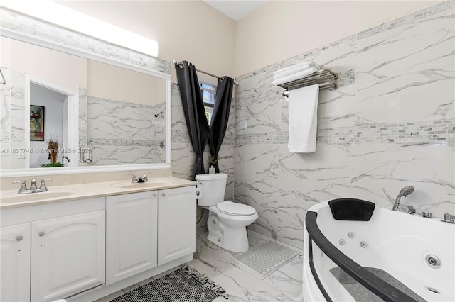 649 Willow Bend Rd, Weston, FL 33327 - bathroom featuring double vanity, a jetted tub, marble finish floors, and tile walls