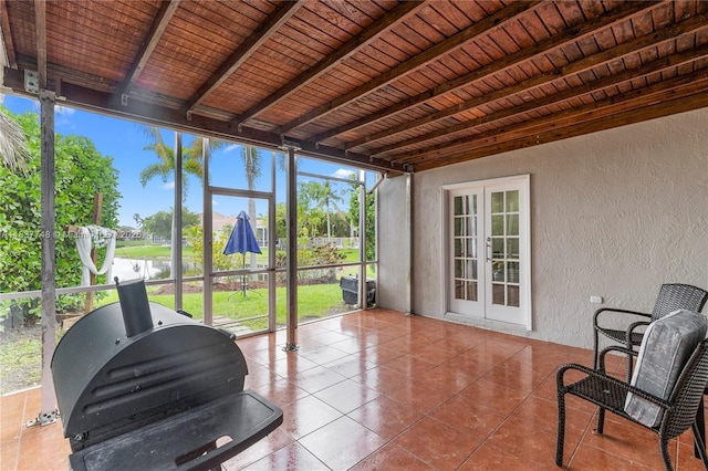 649 Willow Bend Rd, Weston, FL 33327 - sunroom / solarium featuring french doors and beamed ceiling