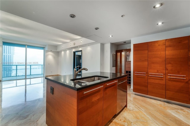1900 N Bayshore Dr Unit 3715, Miami, FL 33132 - kitchen featuring modern cabinets, dishwasher, a kitchen island with sink, brown cabinetry, and dark stone countertops