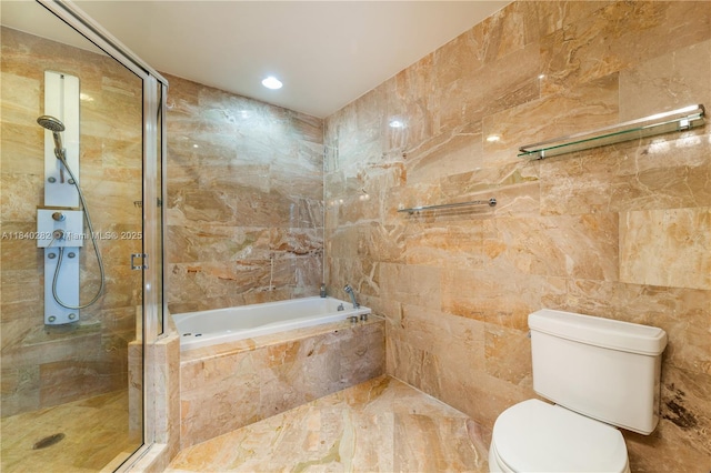 1900 N Bayshore Dr Unit 3715, Miami, FL 33132 - full bath with a stall shower, tile walls, a bath, recessed lighting, and marble finish flooring