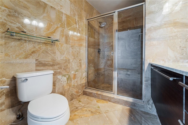 1900 N Bayshore Dr Unit 3715, Miami, FL 33132 - bathroom with vanity, a shower stall, tile walls, and marble finish floors