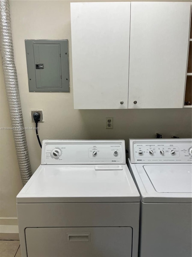 80 W 20th St, Hialeah, FL 33010 - laundry room featuring electric panel, separate washer and dryer, cabinet space, and tile patterned floors