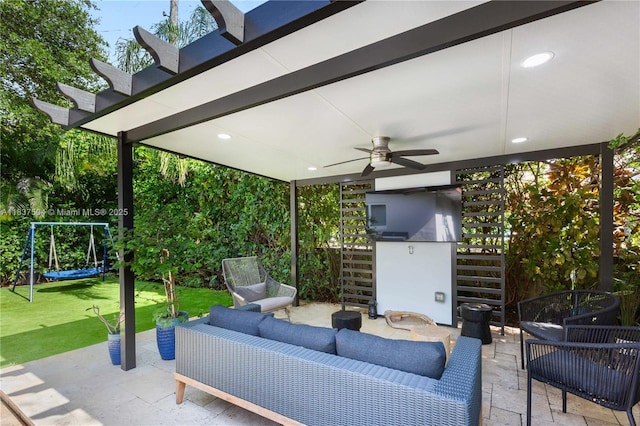 1261 San Miguel Ave, Coral Gables, FL 33134 - view of patio / terrace featuring an outdoor living space, ceiling fan, and stairway