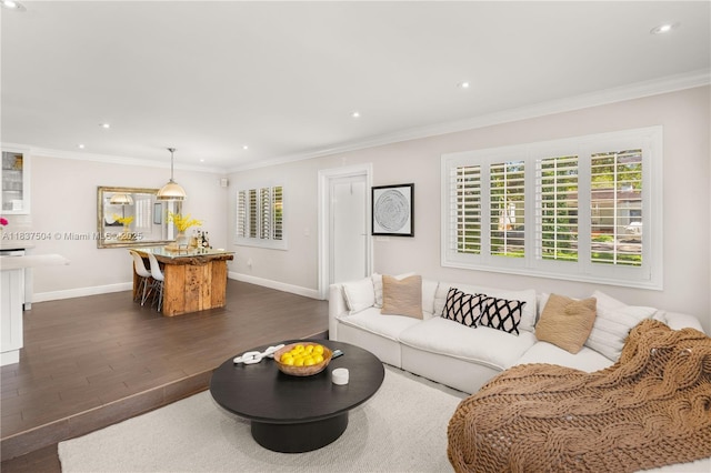 1261 San Miguel Ave, Coral Gables, FL 33134 - living room featuring dark wood-style flooring, recessed lighting, and ornamental molding