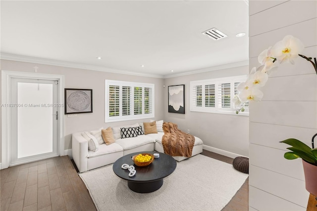 1261 San Miguel Ave, Coral Gables, FL 33134 - living room with ornamental molding, wood finished floors, and recessed lighting