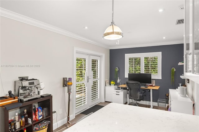 1261 San Miguel Ave, Coral Gables, FL 33134 - bedroom with access to outside, multiple windows, an office area, crown molding, and recessed lighting