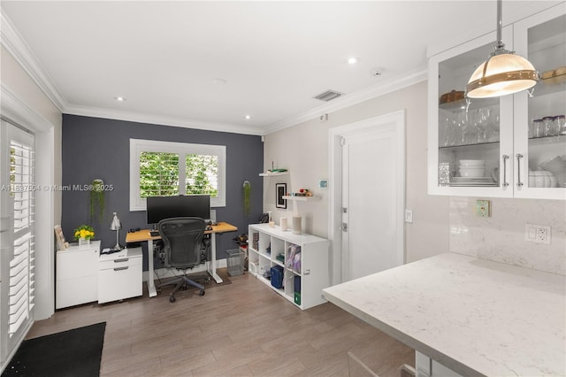 1261 San Miguel Ave, Coral Gables, FL 33134 - office area featuring wood finished floors, recessed lighting, and ornamental molding