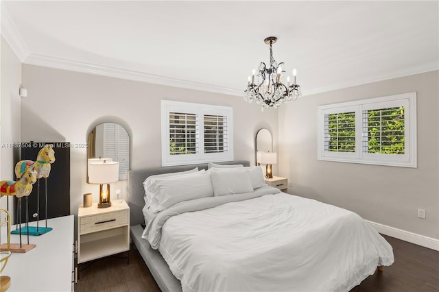 1261 San Miguel Ave, Coral Gables, FL 33134 - bedroom with crown molding, a chandelier, and dark wood finished floors